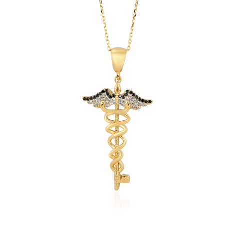 14 Ayar Sarı Altın Anahtar Kanat Figürlü Siyah Taşlı Kolye