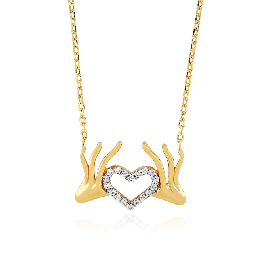 14 Ayar Sarı Altın Kalpli El Taşlı Kolye