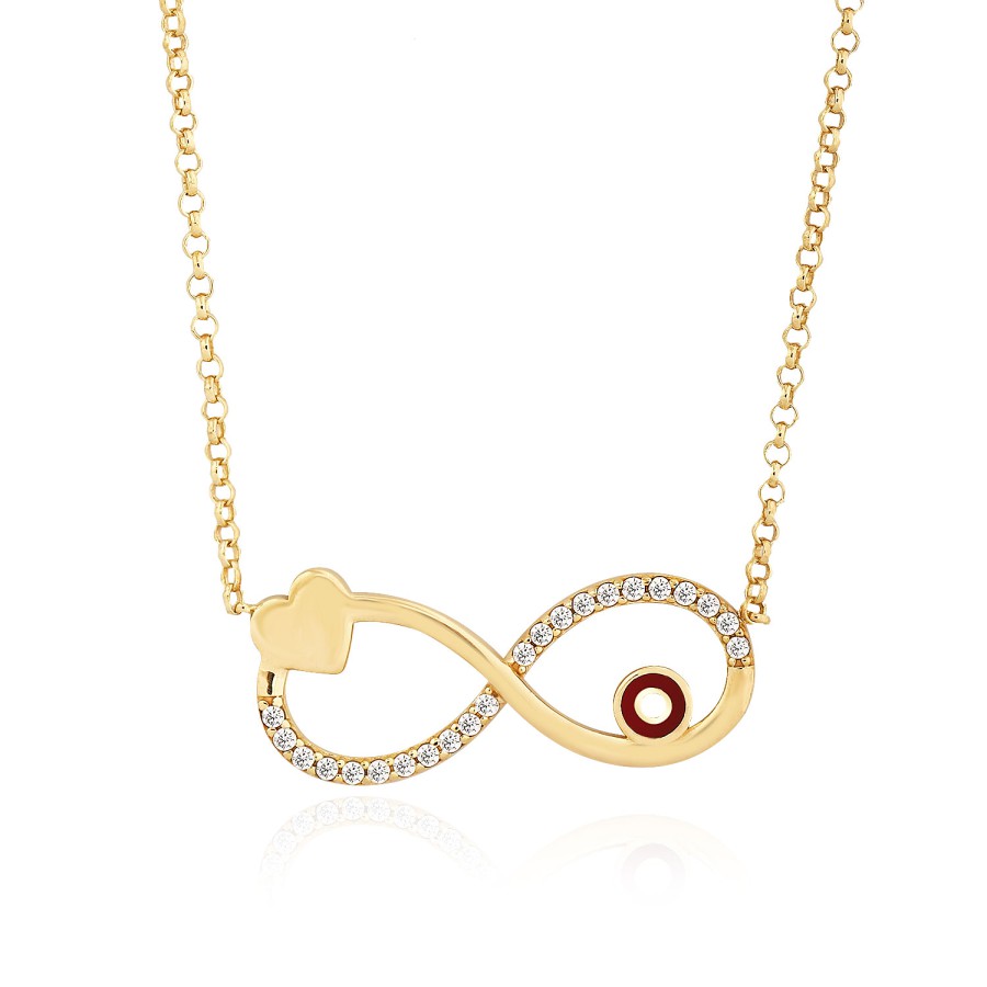 14 Ayar Sarı Altın Sonsuzluk Ve Kalp Figürlü Taşlı Kolye