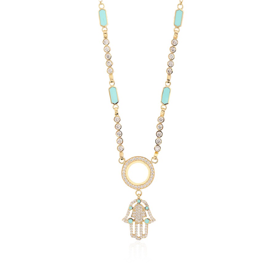 14 Ayar Sarı Altın Fatma Ana Eli Figürlü Mineli Taşlı Kolye