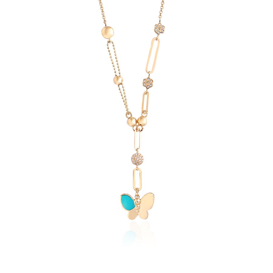 14 Ayar Sarı Altın Kelebek Figürlü Mineli Taşlı Kolye