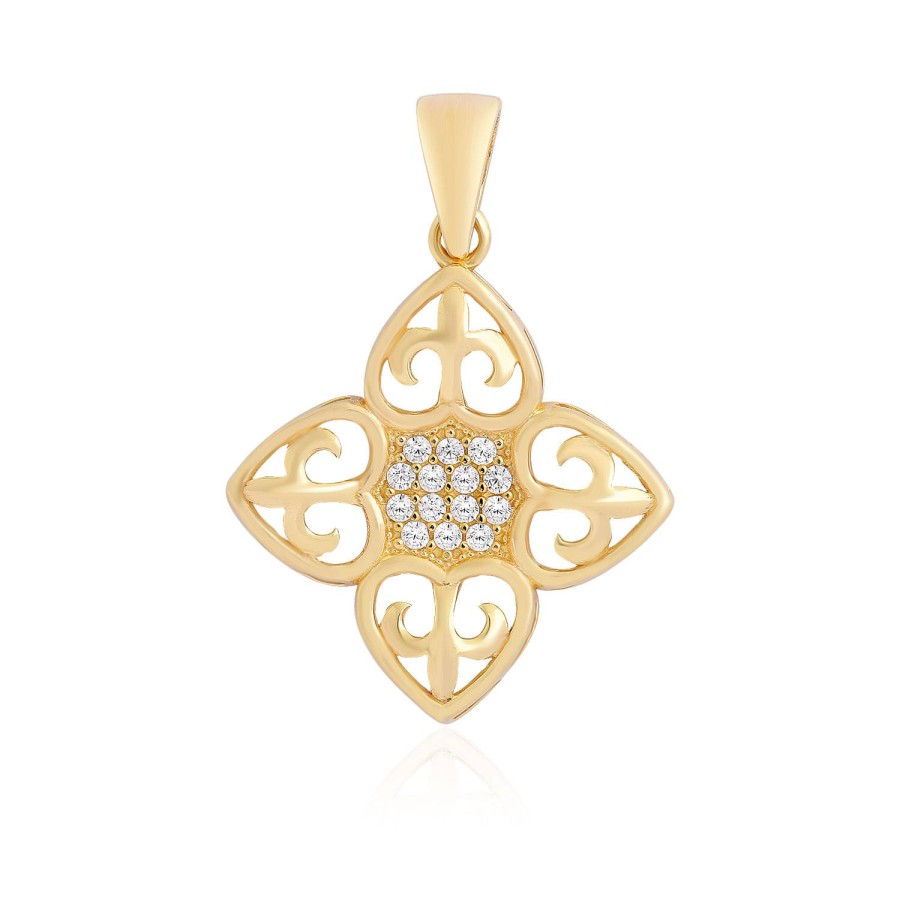 14 Ayar Sarı Altın Çiçek Desenli Taşlı Kolye Ucu