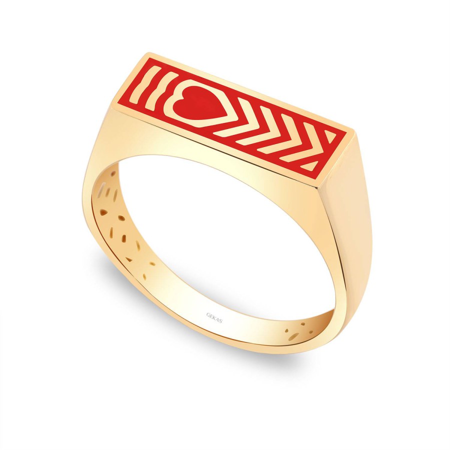 14 Ayar Sarı Altın Kalp Detaylı Kırmızı Mineli Yüzük