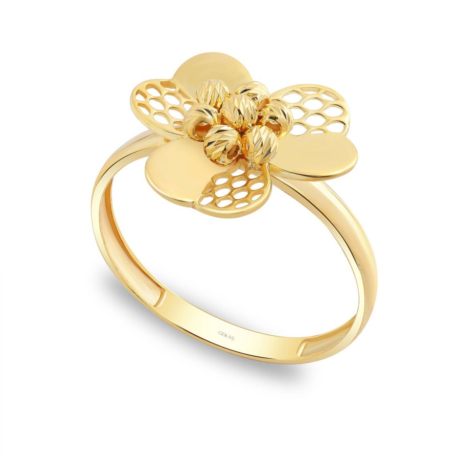 14 Ayar Sarı Altın Yonca Figürlü Dorika Toplu Taşsız Yüzük