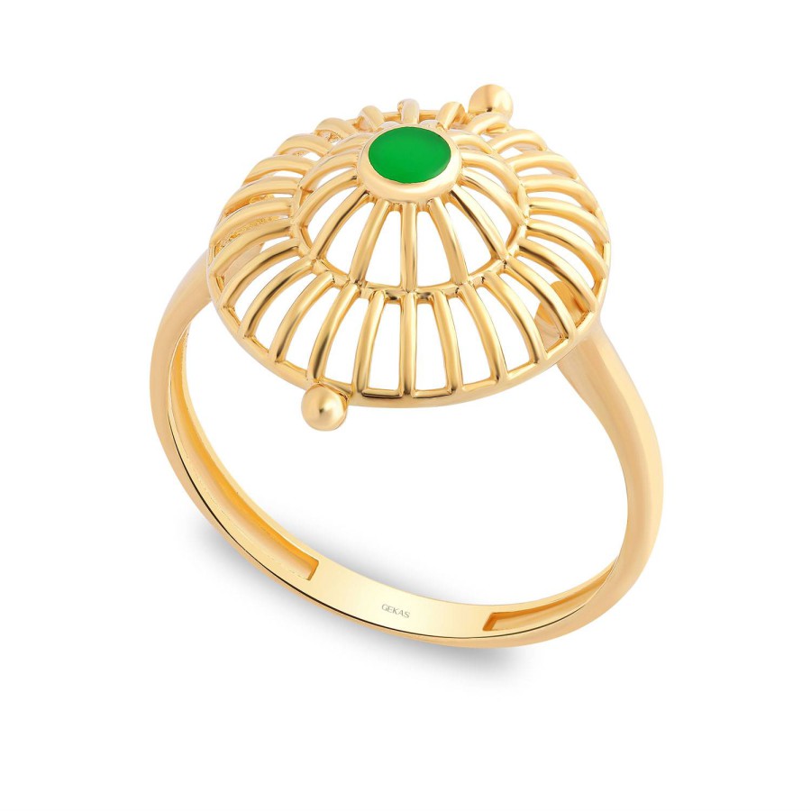 14 Ayar Sarı Altın Yeşil Taşlı Yuvarlak Kesim Yüzük
