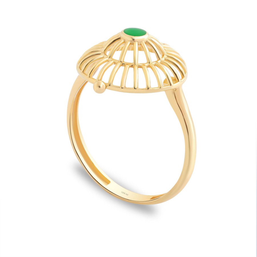 14 Ayar Sarı Altın Yeşil Taşlı Yuvarlak Kesim Yüzük