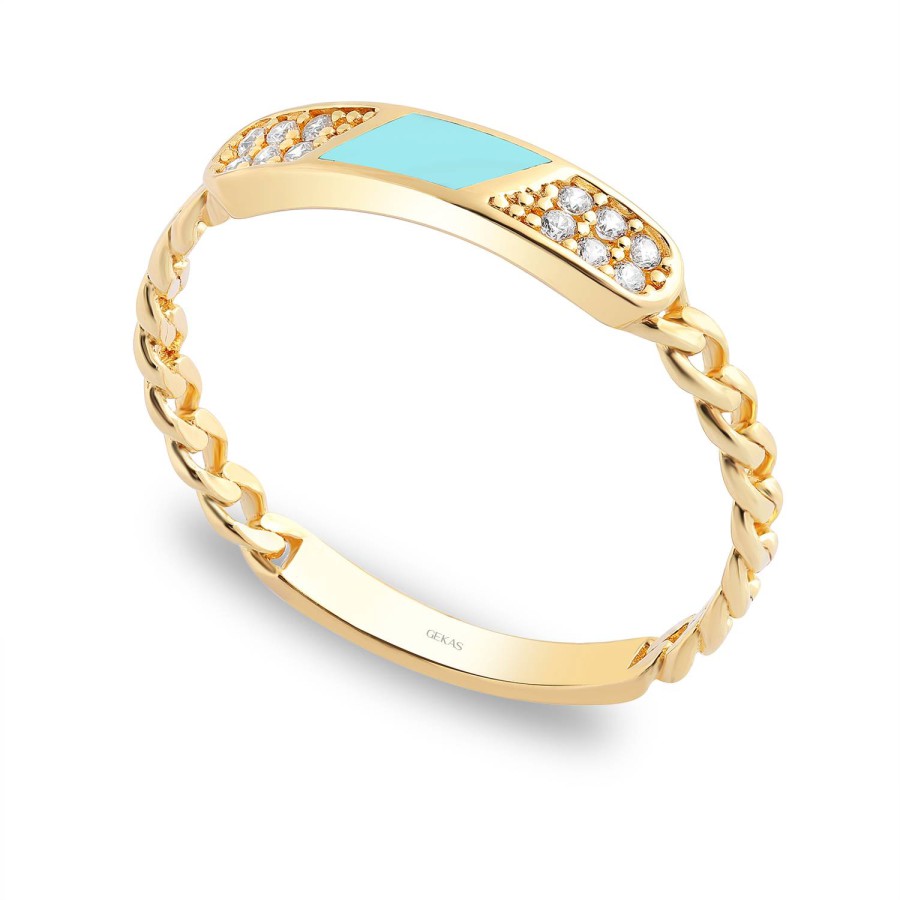 14 Ayar Sarı Altın Turkuaz Mineli Taşlı Yüzük