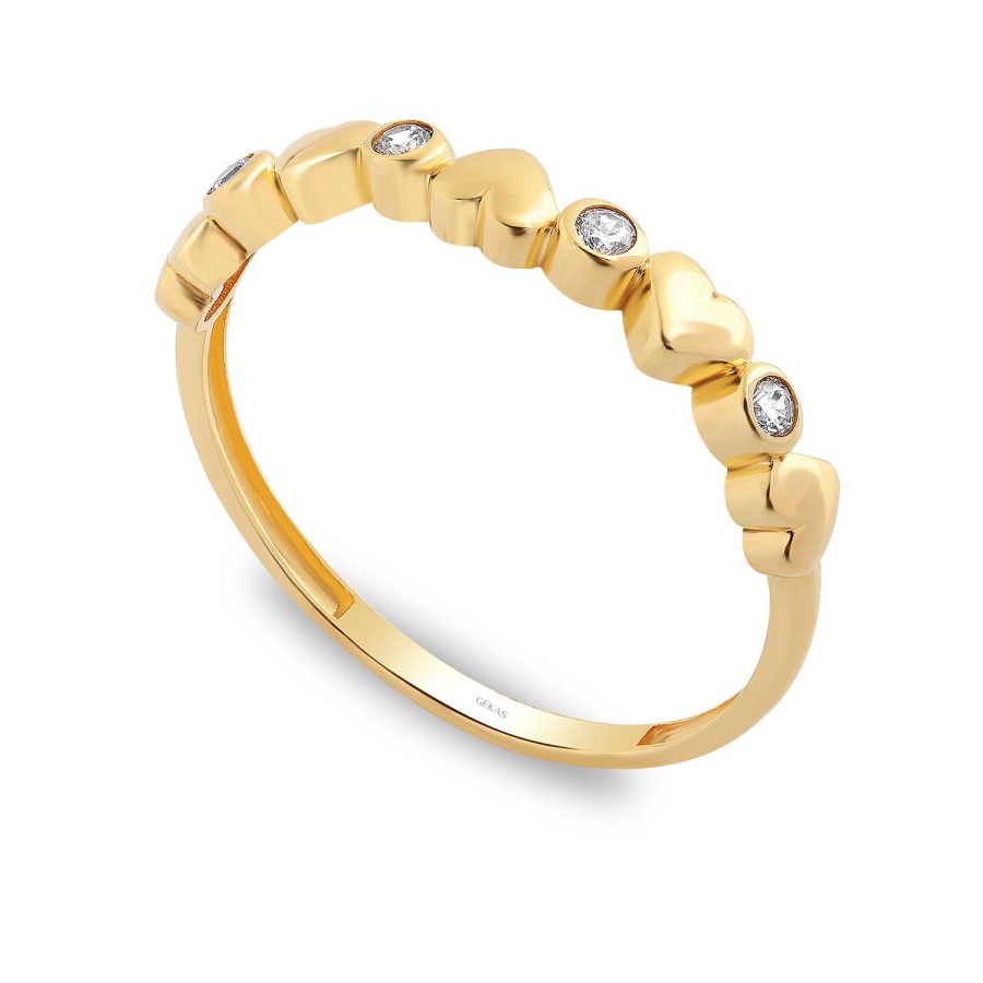 14 Ayar Sarı Altın Kalpli Taşlı Yüzük