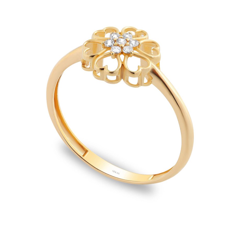 14 Ayar Sarı Altın Çiçek Figürlü Taşlı Yüzük