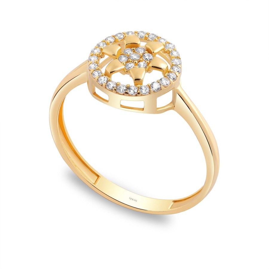 14 Ayar Sarı Altın Yuvarlak Kesim Çiçek Figürlü Taşlı Yüzük