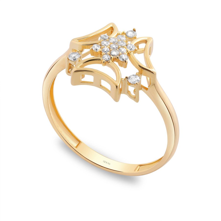 14 Ayar Sarı Altın Çiçek Figürlü Taşlı Yüzük