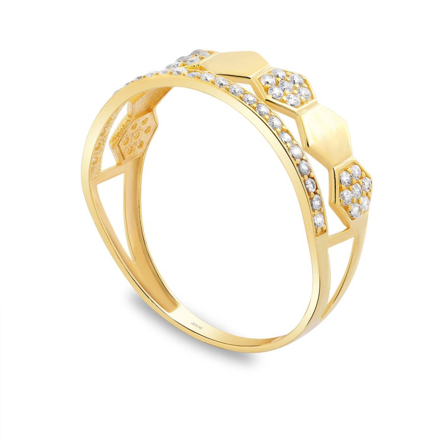 14 Ayar Sarı Altın Altıgen Detaylı Taşlı Yüzük