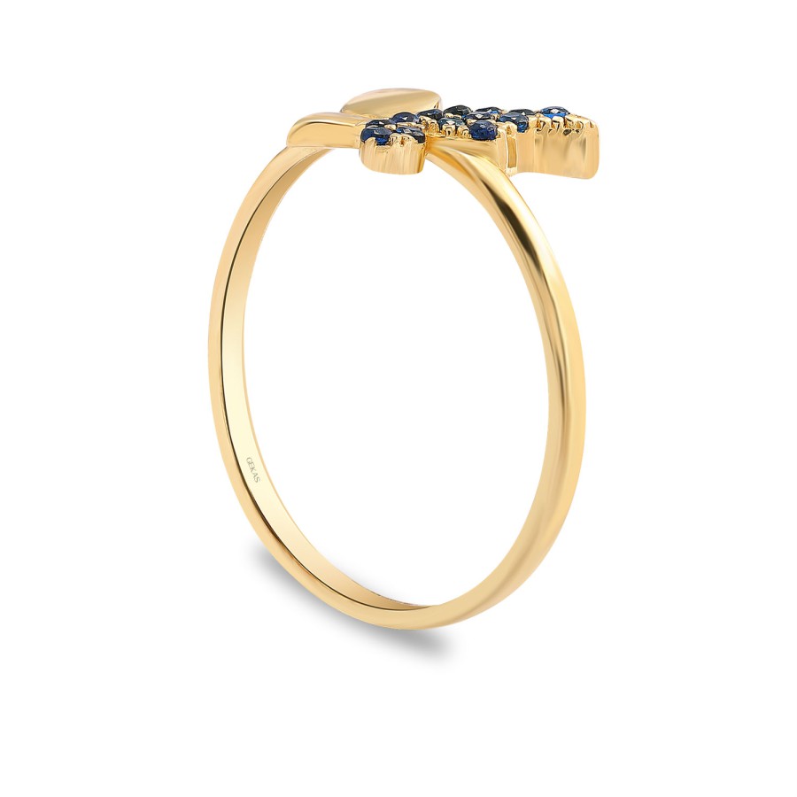 14 Ayar Sarı Altın  Kelebek Figürlü Lacivert Taş Yüzük