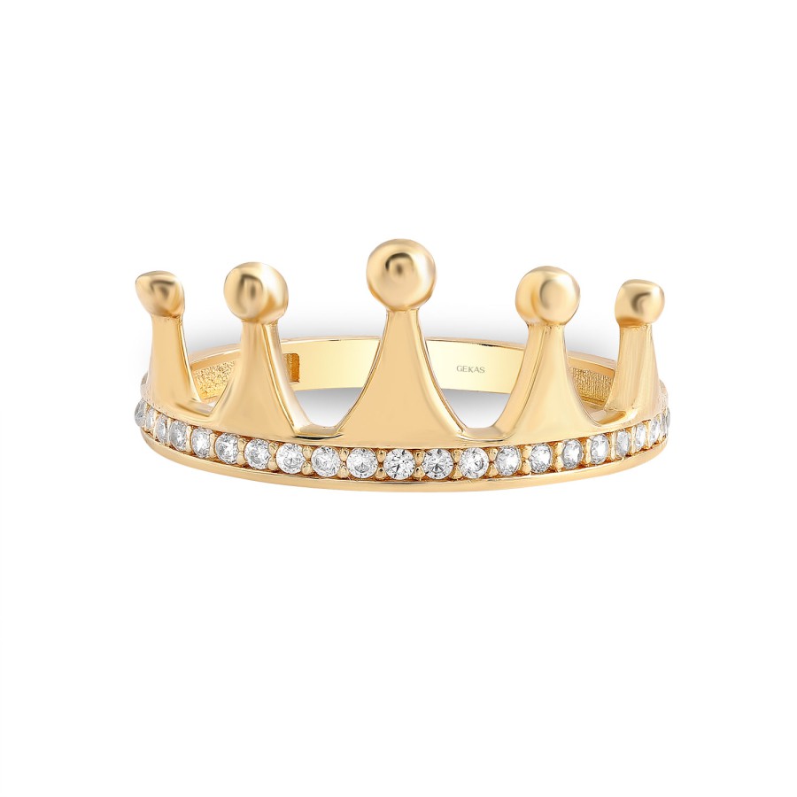 14 Ayar Sarı Altın Kral Tacı Modern Taşlı Yüzük