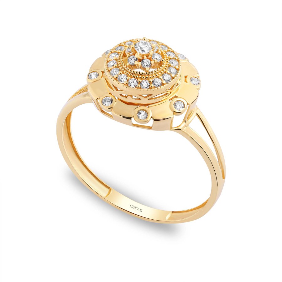 14 Ayar Sarı Altın Yuvarlak Katmanlı Taşlı Yüzük