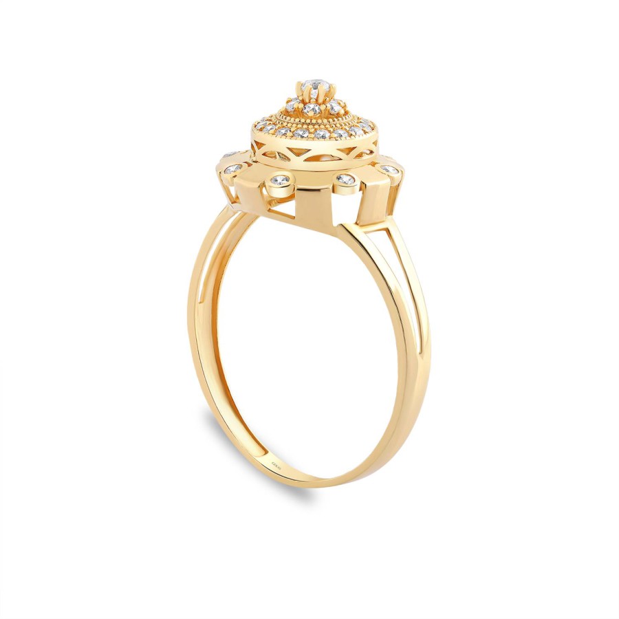 14 Ayar Sarı Altın Yuvarlak Katmanlı Taşlı Yüzük