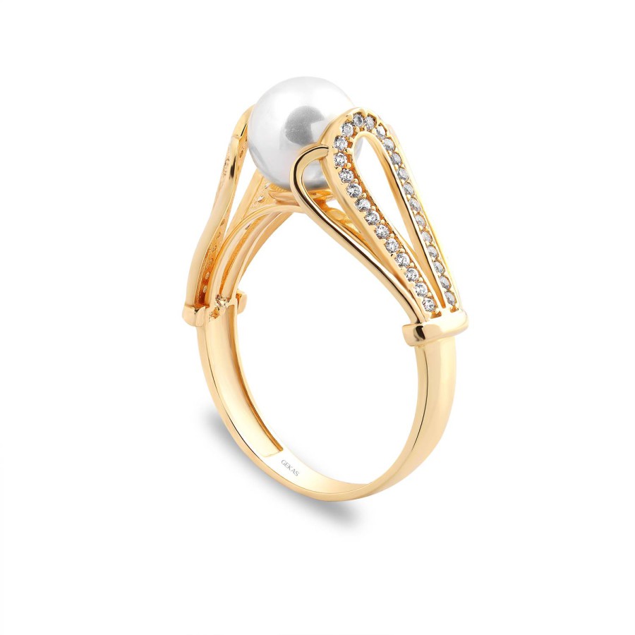 14 Ayar Sarı Altın İnci Taşlı Yüzük