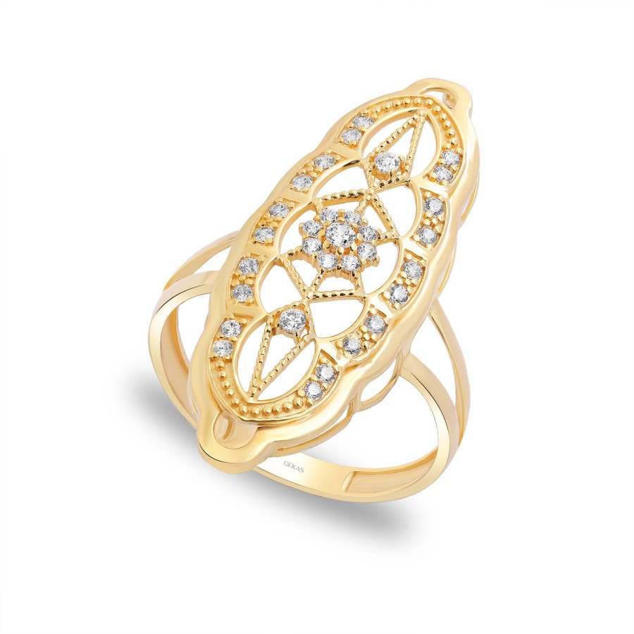 14 Ayar Sarı Altın Hint Motifli Taşlı Yüzük