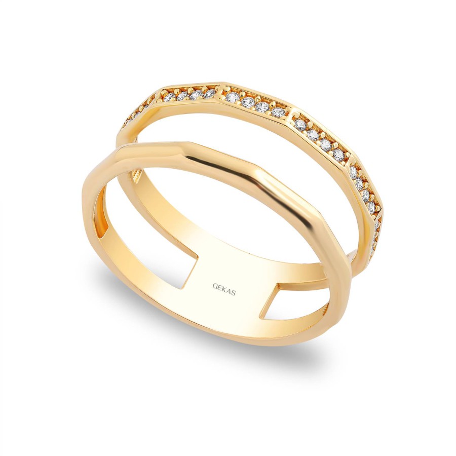 14 Ayar Sarı Altın Çift Katmanlı Taşlı Yüzük