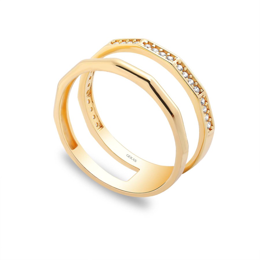 14 Ayar Sarı Altın Çift Katmanlı Taşlı Yüzük