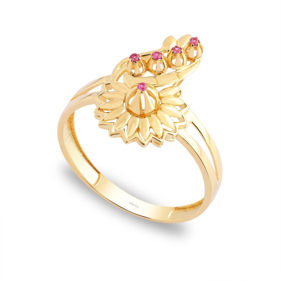 14 Ayar Sarı Altın Fuşya Taşlı Yüzük