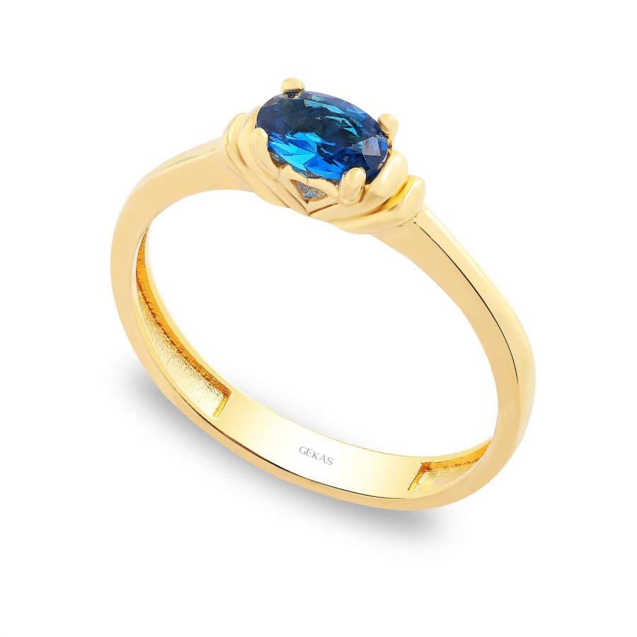14 Ayar Sarı Altın Lacivert Yuvarlak Tektaş Yüzük