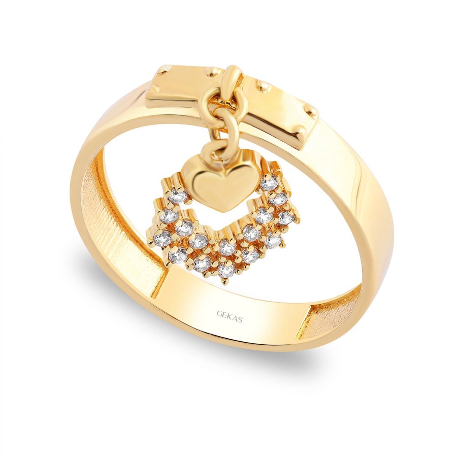 14 Ayar Sarı Altın Taşlı Kalp Figürlü Sallantılı Yüzük