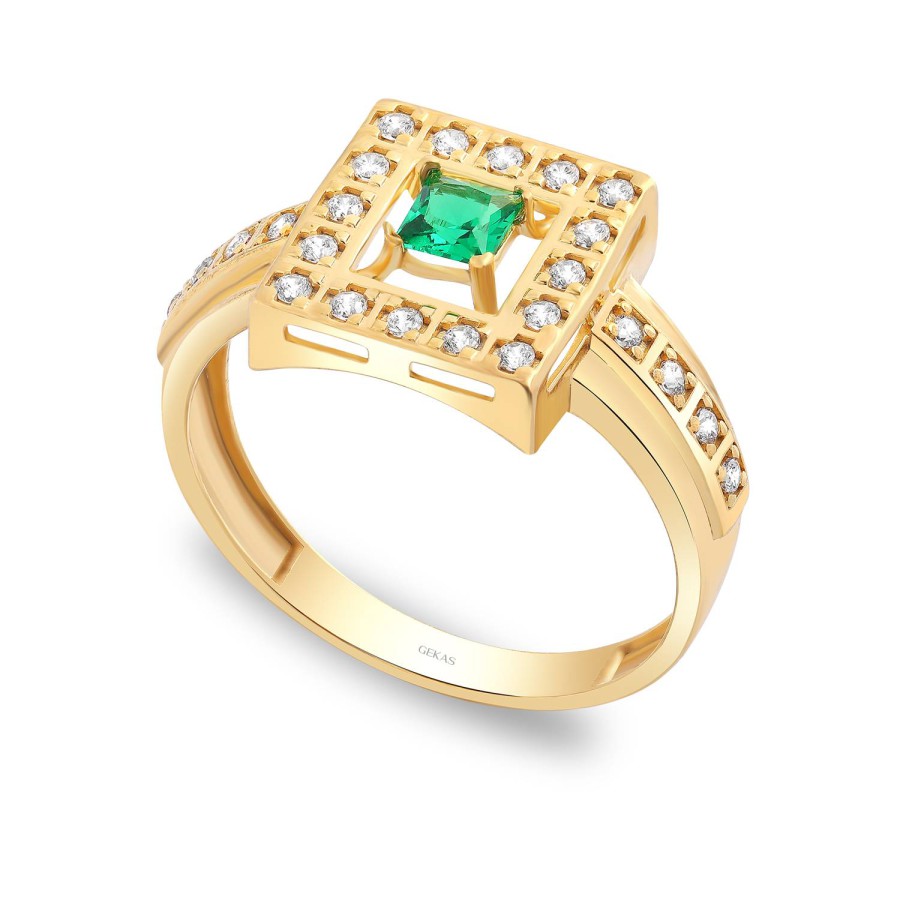 14 Ayar Sarı Altın Yeşil Taşlı Yüzük