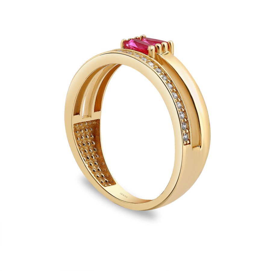 14 Ayar Sarı Altın Fuşya Baget Taşlı Yüzük