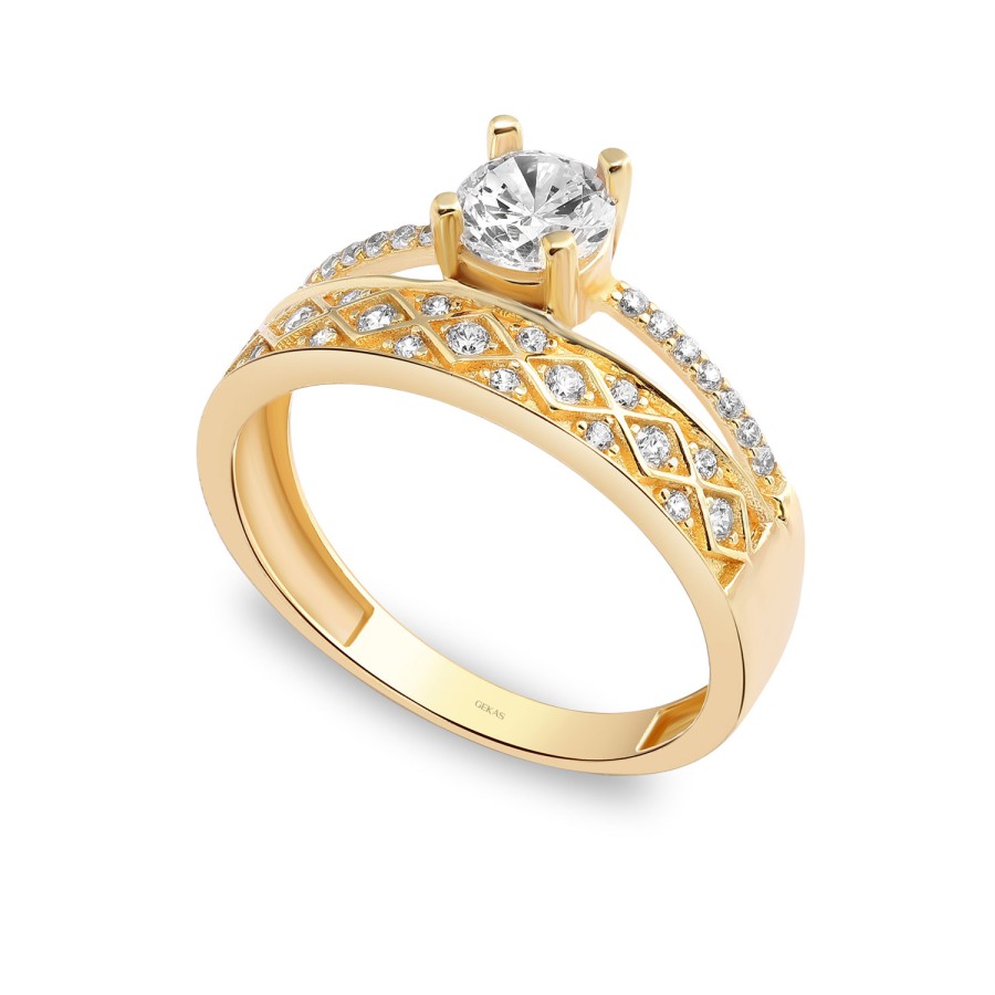 14 Ayar Sarı Altın Twin Model Tektaş Yüzük